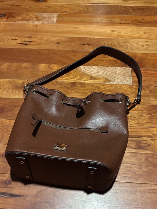 Dooney & Bourke Handbags - Dooney & Bourke saffiano Brown Leather Drawstring Bucket Bag